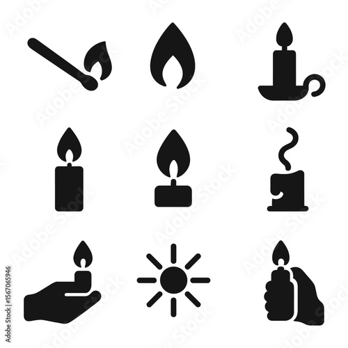 Candle Lighting Icons. Solid, filled icon set of candle lighting process: matchstick, flame, candle holder, lit candle, burning