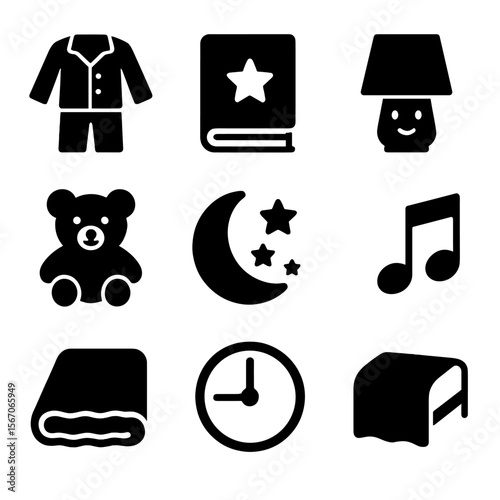 Bedtime Icons Set. Solid, filled icon set of bedtime routines: pajamas, storybook, night light, teddy bear, moon, stars, lullaby