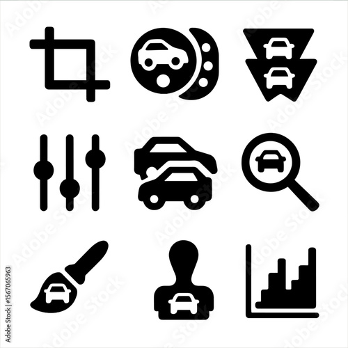 Car Editing Icon Set. Solid, filled icon set of photo editing tools for cars: crop tool, color palette, filters, adjustment