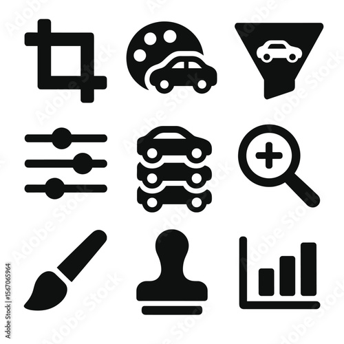 Car Editing Icon Set. Solid, filled icon set of photo editing tools for cars: crop tool, color palette, filters, adjustment