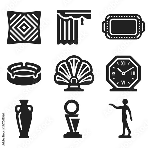 Art Deco Icon Set. Solid, filled icons set of Art Deco living room accents: patterned cushion, bold curtain,