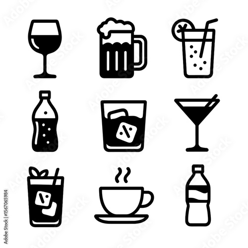 Beverage Icon Grid. Solid, filled icon set of drinks paired with succulent meals: red wine glass, beer mug, lemonade glass,