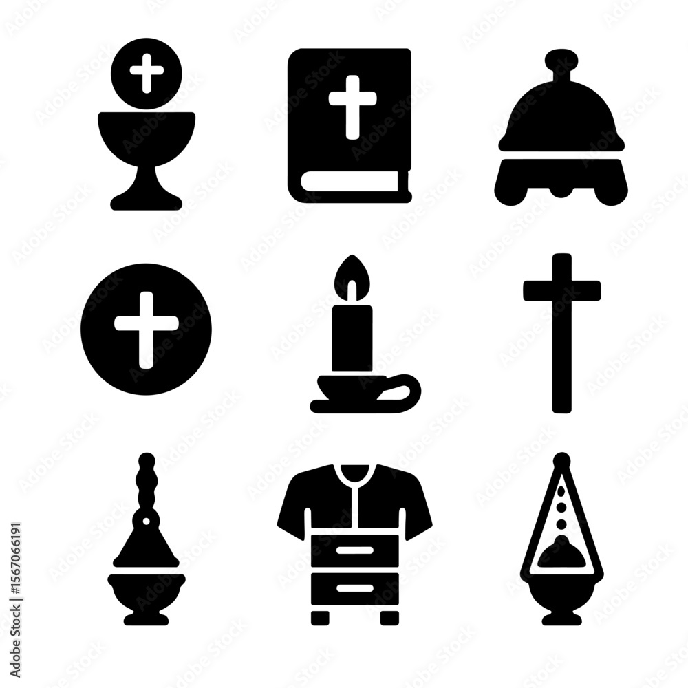 Catholic Mass Icons. Solid, filled icon set of Catholic Mass accessories: chalice, paten, liturgy book, altar bell, communion host