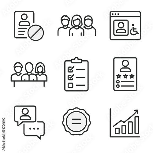 Inclusive Recruitment Icons. Outline icon set of inclusive recruitment practices: blind resume screening icon, diverse candidate