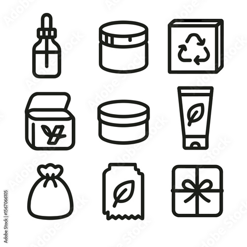 Biodegradable Packaging Icons. Solid, filled icon set of biodegradable cosmetic packaging: glass dropper bottle, bamboo cap jar,