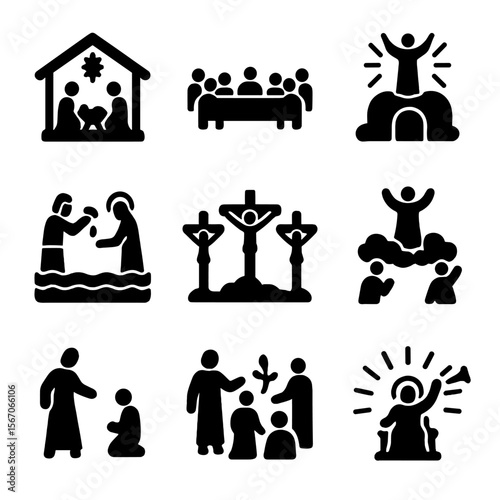 Biblical Icon Set. Solid, filled icon set of biblical scenes: nativity, last supper, resurrection, baptism, crucifixion, ascension