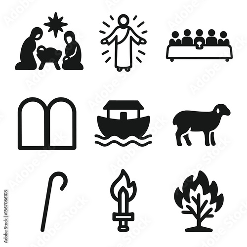 Biblical Icon Grid. Solid, filled icon set of biblical scenes and symbols: nativity, resurrection, Last Supper, Ten Commandments