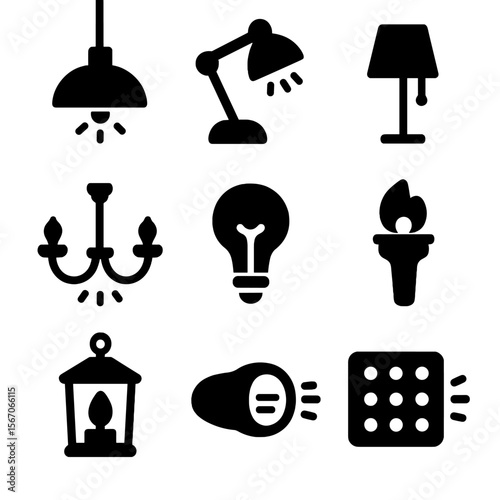 Artificial Lighting Icons. Solid, filled icons set of artificial lighting sources: ceiling lamp, desk light,