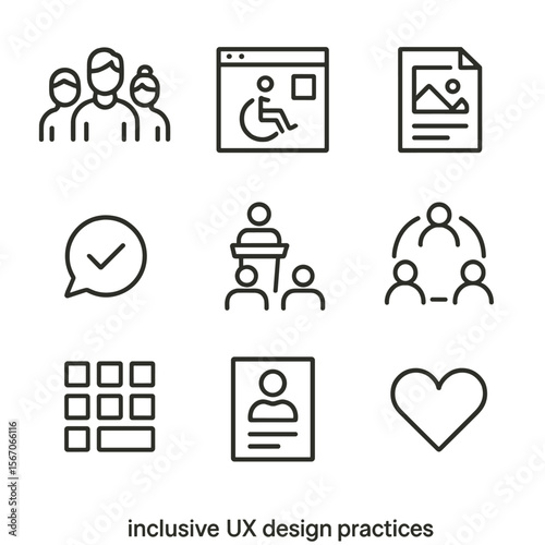 Inclusive UX Icons Set. Outline icon set of inclusive UX design practices: diverse user silhouettes, accessible interface