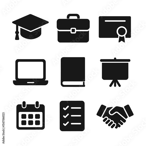 Career Planning Icons. Solid, filled icon set of career and education planning: graduation cap, briefcase, certificate, laptop,