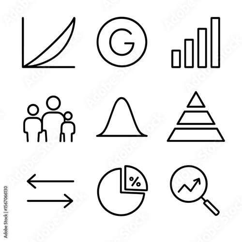 Income Inequality Icons. Outline icon set of income inequality metrics: Lorenz curve chart, Gini coefficient symbol, income