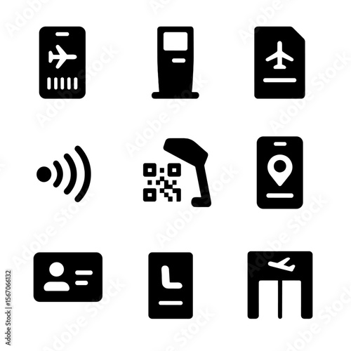 Boarding System Icons. Solid, filled icon set of boarding and ticketing systems: mobile boarding pass, ticket kiosk, e-ticket icon