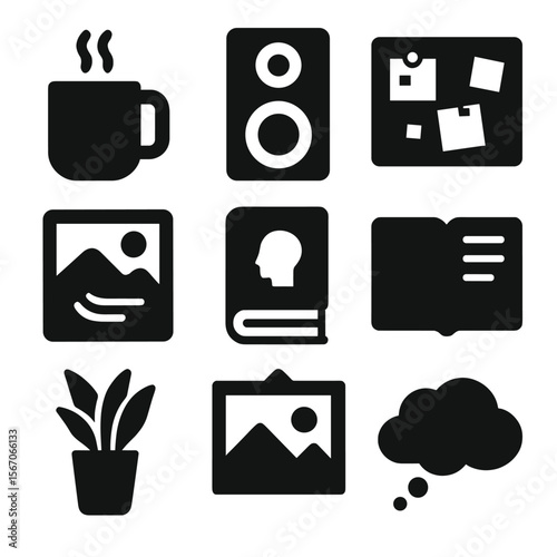 Artist Lifestyle Icons. Solid, filled icons set of artist lifestyle and inspiration: coffee mug, music speaker