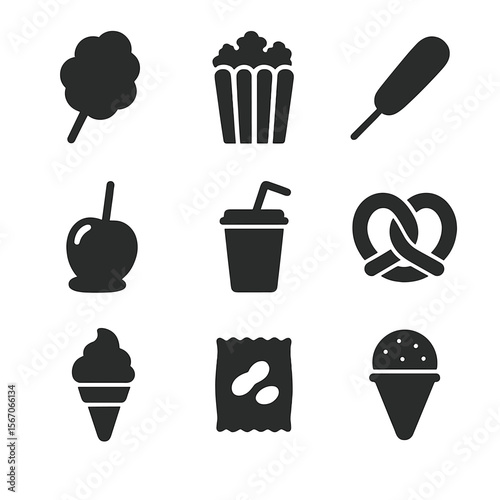 Carnival Food Icons. Solid, filled icon set of carnival foods: cotton candy, popcorn box, corn dog, candy apple, soda cup, pretzel