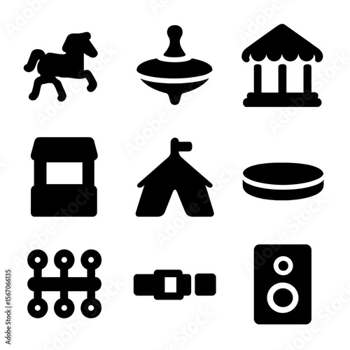 Carousel Ride Icons. Solid, filled icon set of carousel ride: carousel horse, spinning top, merry-go-round structure, ticket booth