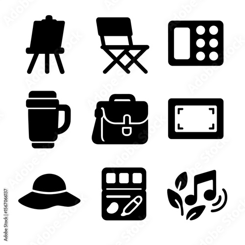 Artist Tools Icons. Solid, filled icons set of artist tools in outdoor spaces: travel easel, folding chair,