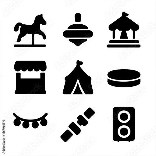 Carousel Ride Icons. Solid, filled icon set of carousel ride: carousel horse, spinning top, merry-go-round structure, ticket booth