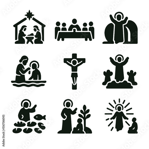 Biblical Icon Set. Solid, filled icon set of biblical scenes: nativity, last supper, resurrection, baptism, crucifixion, ascension