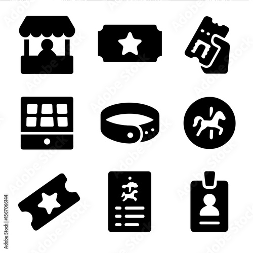 Carousel Ticket Icons. Solid, filled icon set of carousel ticketing: ticket booth, paper ticket, ticket scanner, cash drawer,