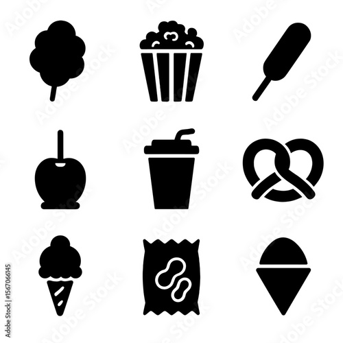 Carnival Food Icons. Solid, filled icon set of carnival foods: cotton candy, popcorn box, corn dog, candy apple, soda cup, pretzel