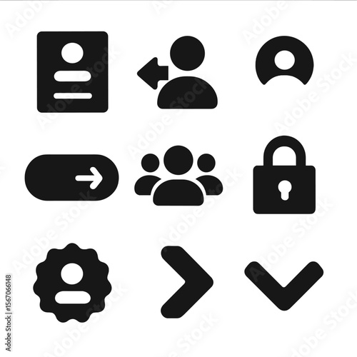 Black Website Icons Grid. Solid, filled icon set of website CTAs: sign-up form, login icon, user avatar, submit button, join group