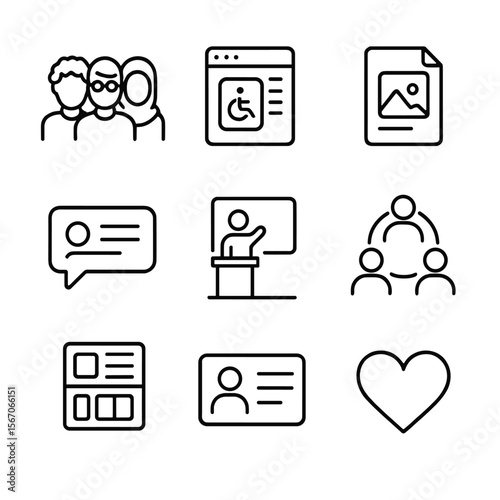 Inclusive UX Icons Set. Outline icon set of inclusive UX design practices: diverse user silhouettes, accessible interface