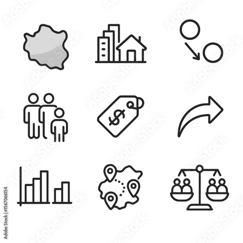Income Disparity Icons. Outline icon set of regional income disparities: map with gradient shading, urban skyline vs rural house,