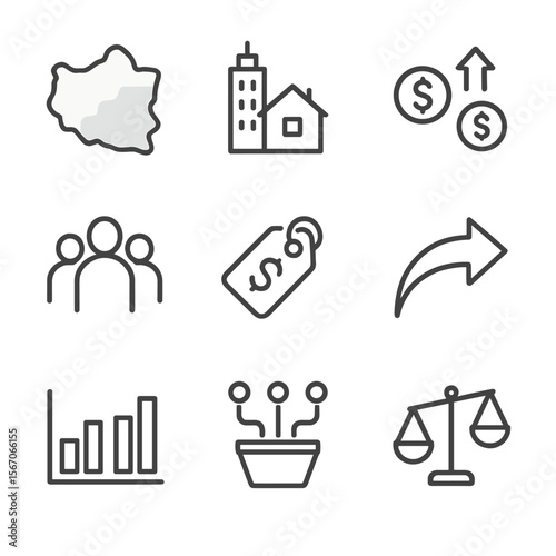 Income Disparity Icons. Outline icon set of regional income disparities: map with gradient shading, urban skyline vs rural house,