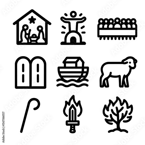 Biblical Icon Grid. Solid, filled icon set of biblical scenes and symbols: nativity, resurrection, Last Supper, Ten Commandments