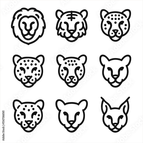 Big Cats Icon Set. Solid, filled icon set of big cats: lion, tiger, leopard, jaguar, cheetah, cougar, snow leopard, panther,