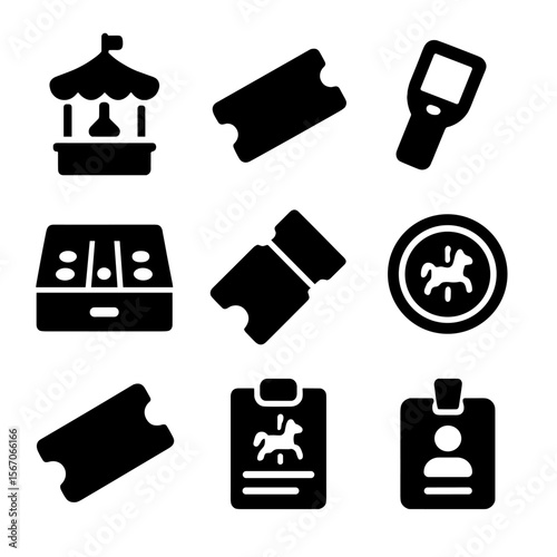 Carousel Ticket Icons. Solid, filled icon set of carousel ticketing: ticket booth, paper ticket, ticket scanner, cash drawer,