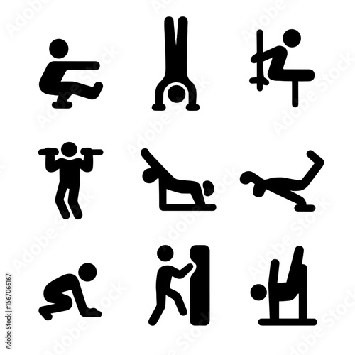 Bodyweight Training Icons. Solid, filled icon set of advanced bodyweight training: pistol squat, handstand, L-sit, muscle-up,