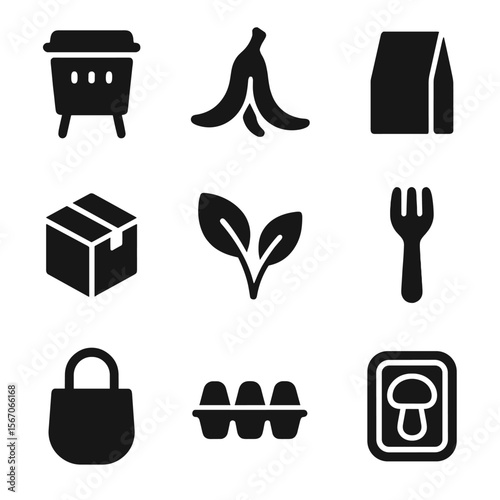 Biodegradable Icons Grid. Solid, filled icon set of biodegradable materials: compost bin, banana peel, paper bag, cardboard box,