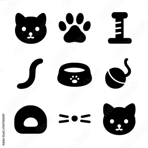 Cat Icon Set. Solid, filled icon set of cats: cat face, paw print, scratching post, tail, cat bowl, cat toy, cat bed, whiskers,