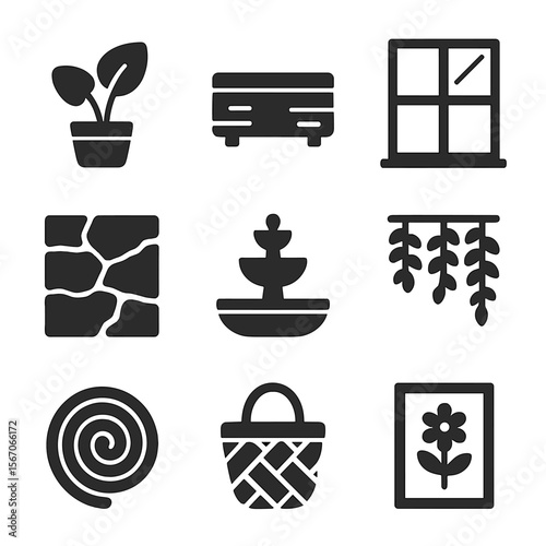 Biophilic Icon Set. Solid, filled icon set of biophilic design elements: large leaf plant, wooden planter, natural light window,