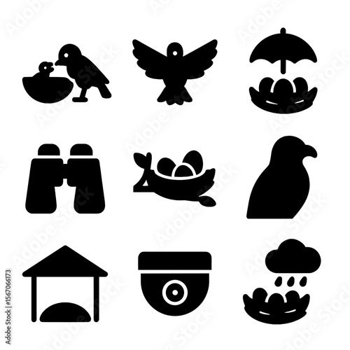 Bird Nest Icon Set. Solid, filled icon set of nest care and protection: parent bird feeding, bird with wings spread, nest with