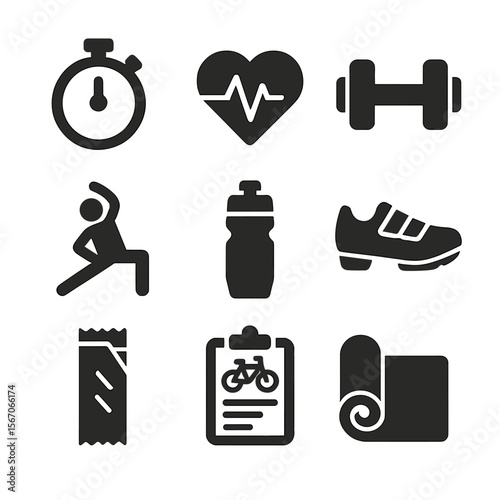 Biking Fitness Icons. Solid, filled icon set of biking fitness and training: stopwatch, heart rate monitor, dumbbell, stretching,