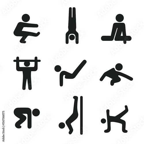 Bodyweight Training Icons. Solid, filled icon set of advanced bodyweight training: pistol squat, handstand, L-sit, muscle-up,