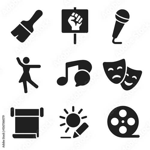 Artistic Advocacy Icons. Solid, filled icons set of advocacy through art and expression: mural brush, protest