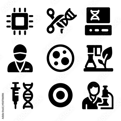 Biotechnology Icon Set. Solid, filled icon set of biotechnology in medicine: biochip, CRISPR scissors, DNA synthesizer, lab