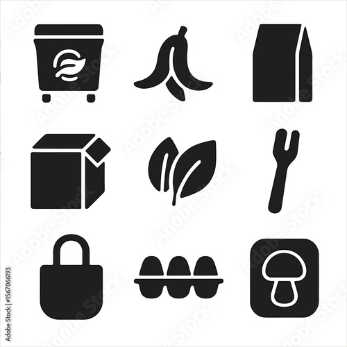 Biodegradable Icons Grid. Solid, filled icon set of biodegradable materials: compost bin, banana peel, paper bag, cardboard box,