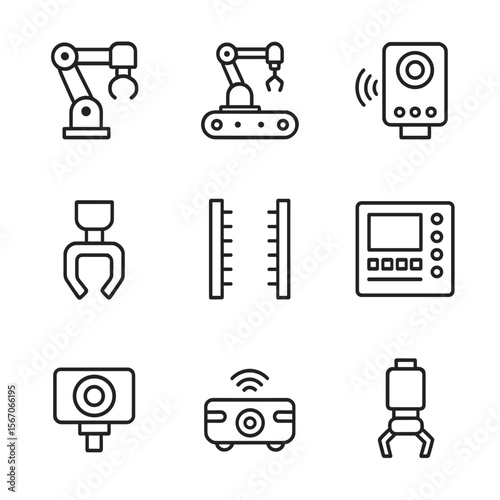 Industrial Automation Icons. Outline icon set of industrial automation robotics: robotic arm, conveyor belt robot, sensor module,