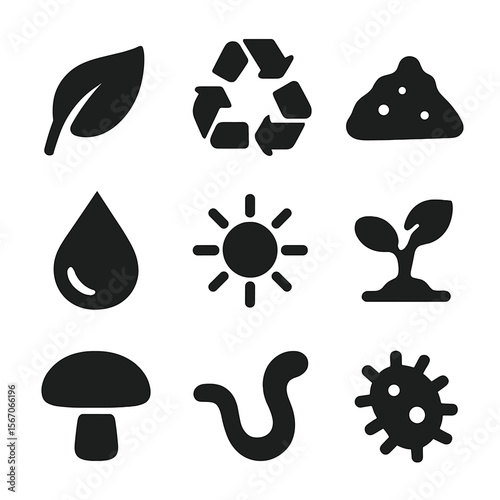 Biodegradation Icon Grid. Solid, filled icon set of biodegradation symbols: leaf, recycle arrows, soil, water droplet, sun,
