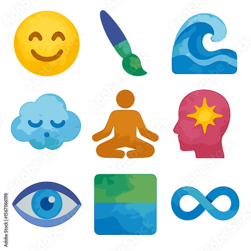 Artistic Expression Icons. Solid, filled icons set of artistic expression and mood in watercolor: joy icon,