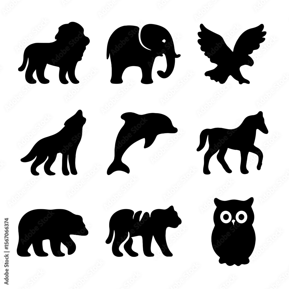 Obraz premium Black Animal Icons. Solid, filled icon set of The Animals: lion, elephant, eagle, wolf, dolphin, horse, bear, tiger, owl. Solid,