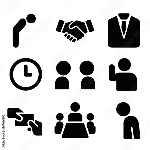 Business Etiquette Icons. Solid, filled icon set of business etiquette: bowing figure, handshake icon, professional attire,