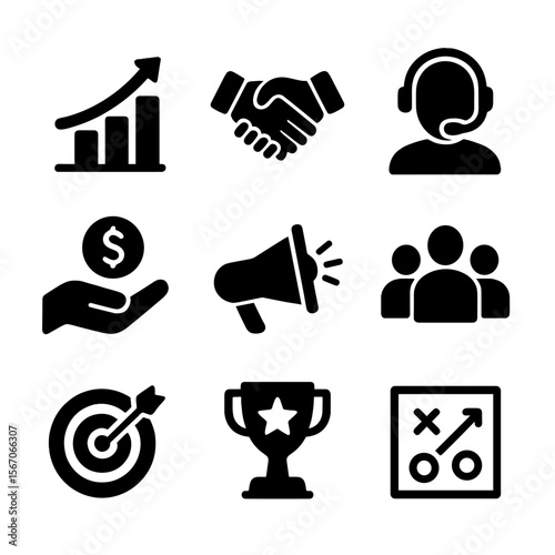 Business Icon Grid. Solid, filled icon set of business growth and support: growth chart, partnership handshake, customer support,