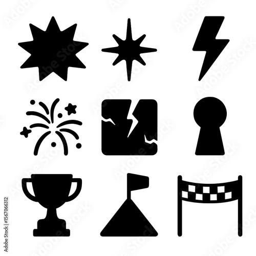 Breakthrough Icons Grid. Solid, filled icon set of breakthrough moments: explosion, spark, lightning bolt, fireworks, cracked wall