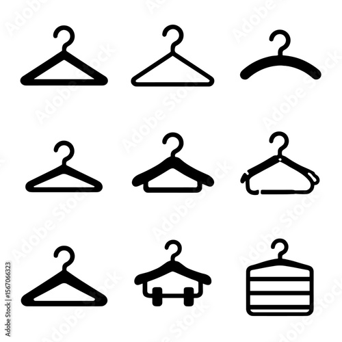 Assorted Hanger Icons. Solid, filled icons set of types of hangers: plastic hanger, metal hanger, padded
