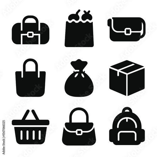 Black Bag Icons. Solid, filled icon set of bags and containers: duffel bag, grocery sack, messenger bag, tote bag, drawstring